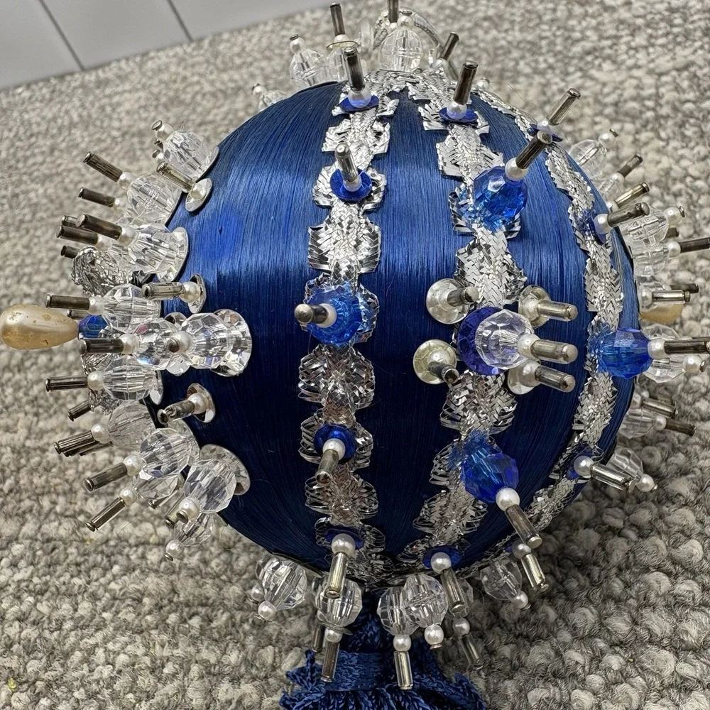 Vtg Silky Blue Christmas Ornament ‎ Pin Satin Beaded With Tassel Unique